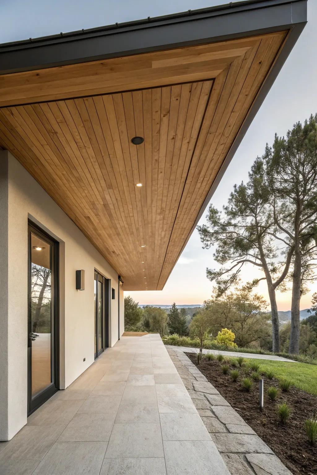Streamlined wood soffits enhance a minimalist design scheme.