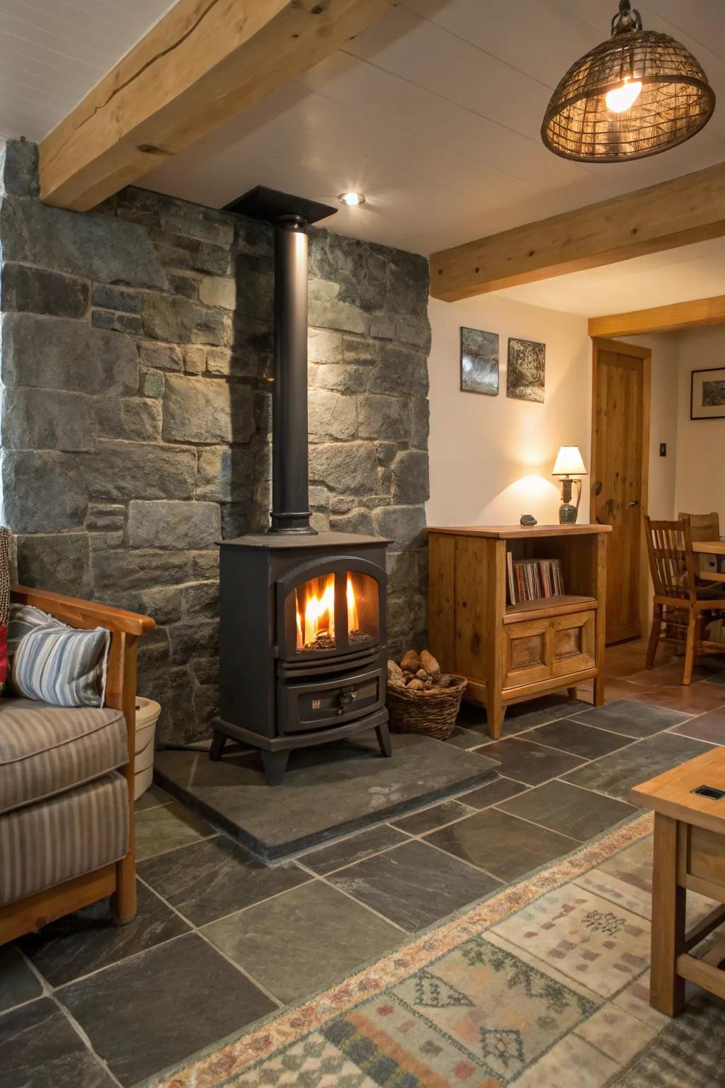 Natural stone tiles bring a rustic ambiance and warmth to a wood stove surround.