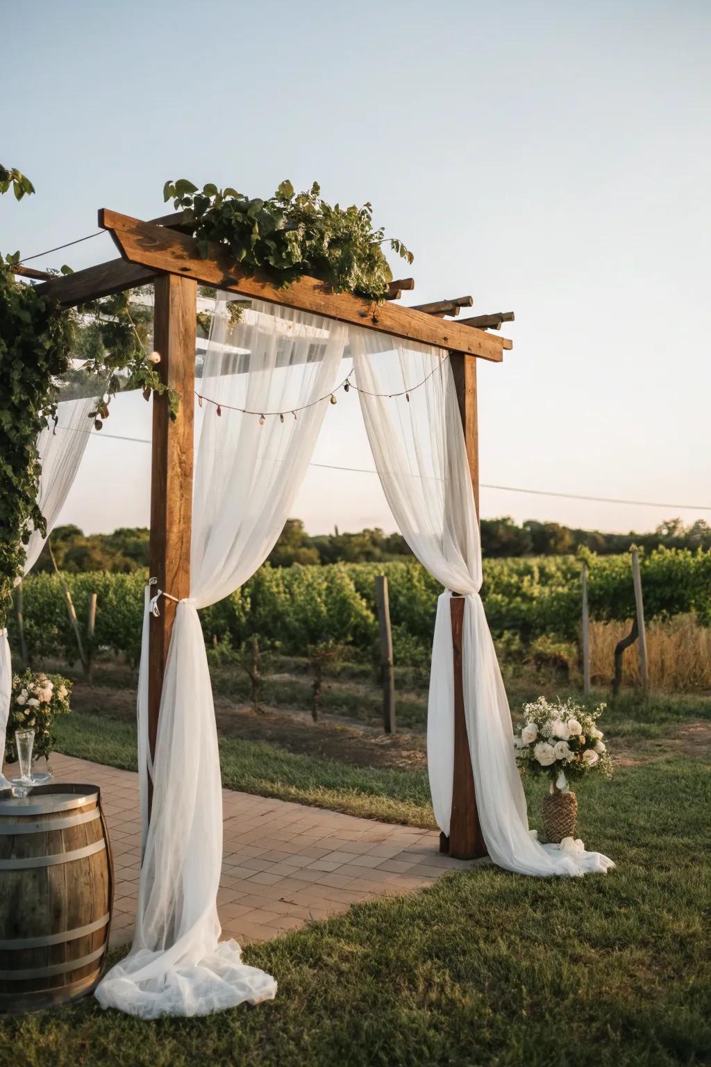 Dreamy fabrics draped over a timber arch, creating a vibe of pure romance.