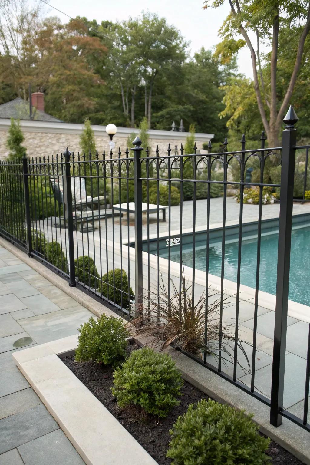 The sleek configuration of a minimalist fashioned iron barricade enriches this modern poolside.