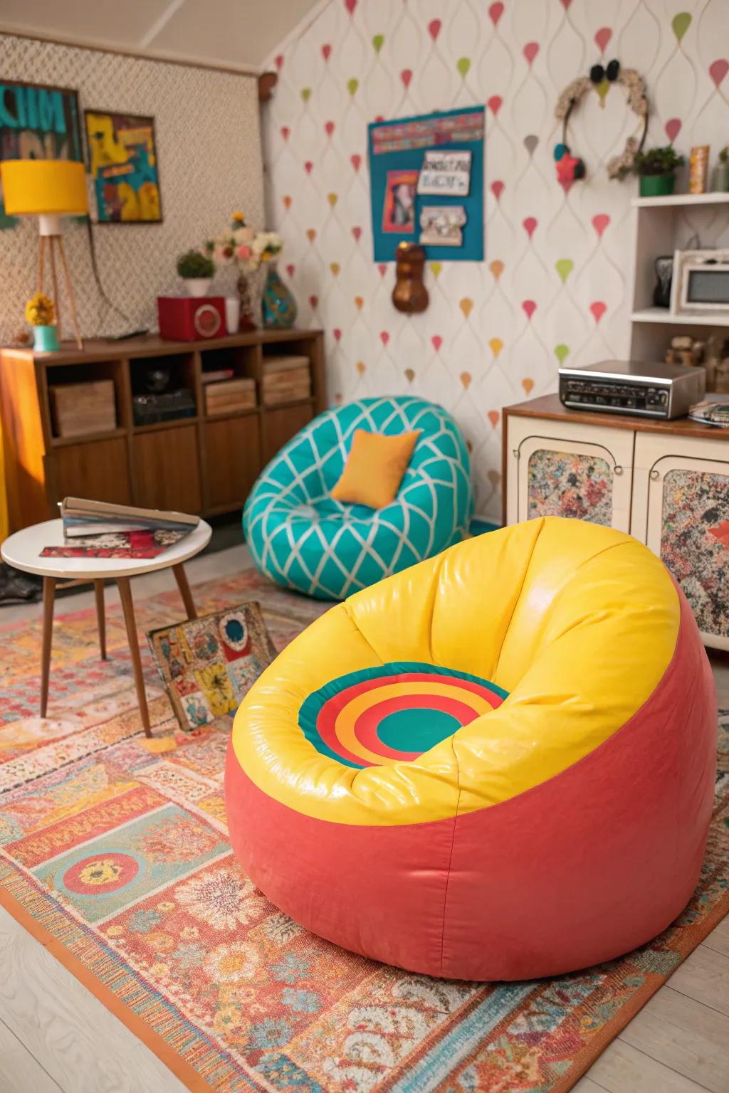 Vintage furniture like blow-up seats are a must-have for a Y2K-themed room.