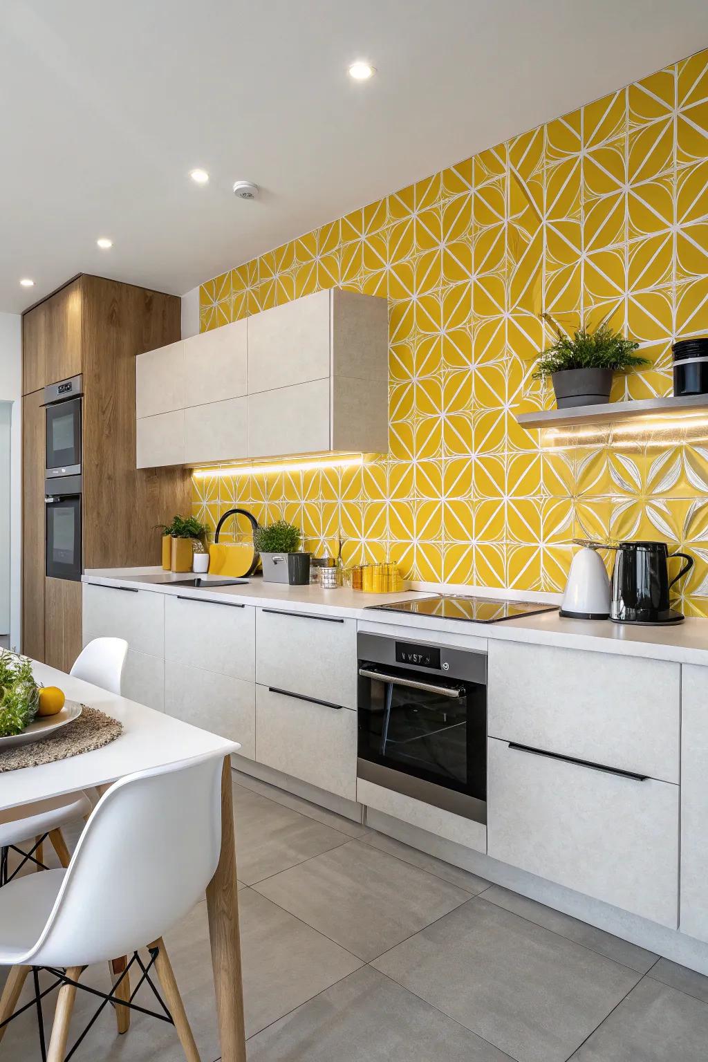 Symmetrical layouts contribute a playful element to this yellow backsplash.