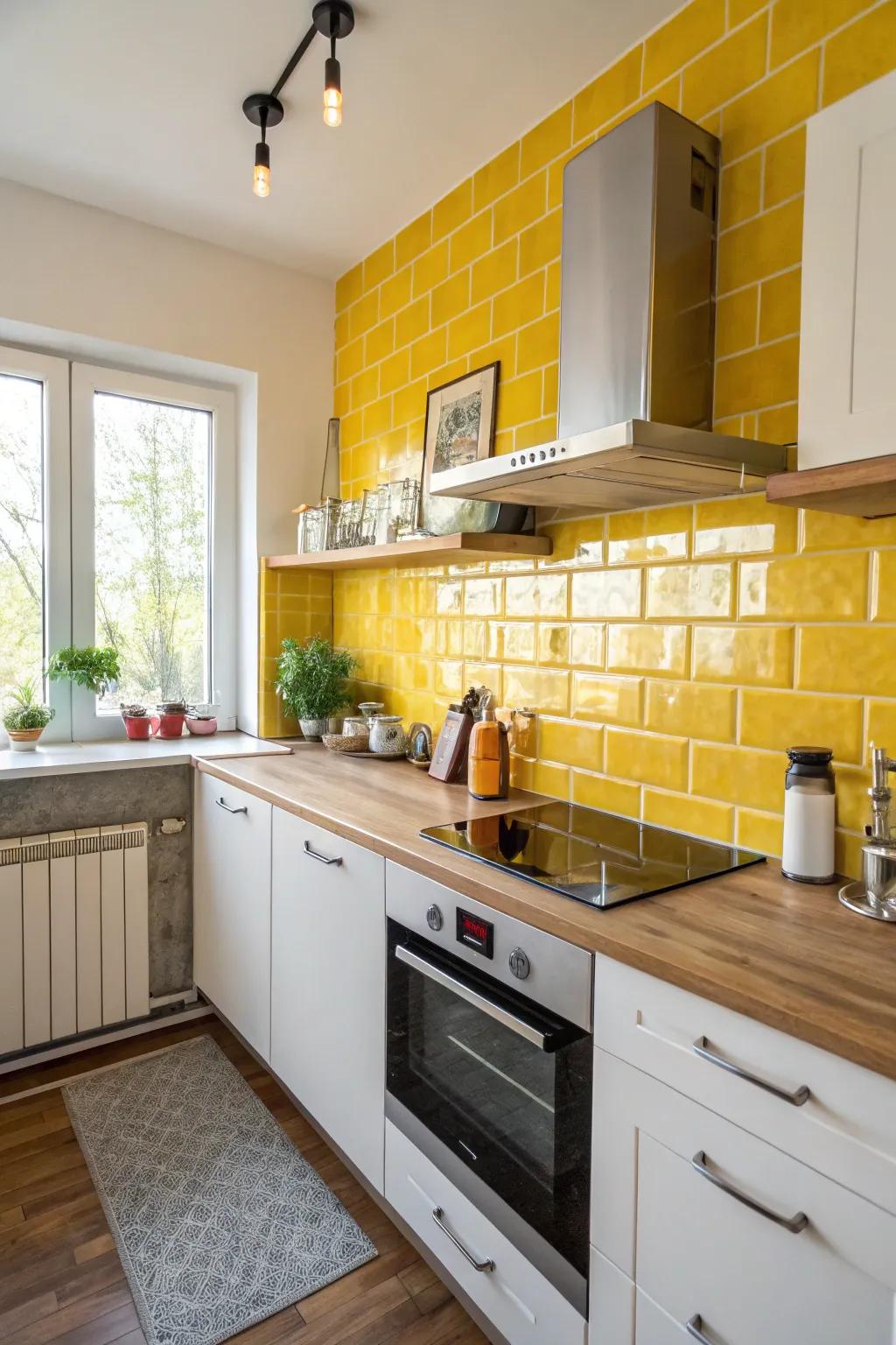 A radiant yellow backsplash adds a lively touch without overpowering the room's aesthetics.