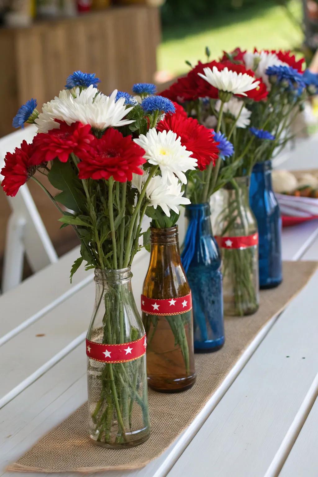 Upcycled glass bottles add a vintage and eco-friendly touch to your decor.
