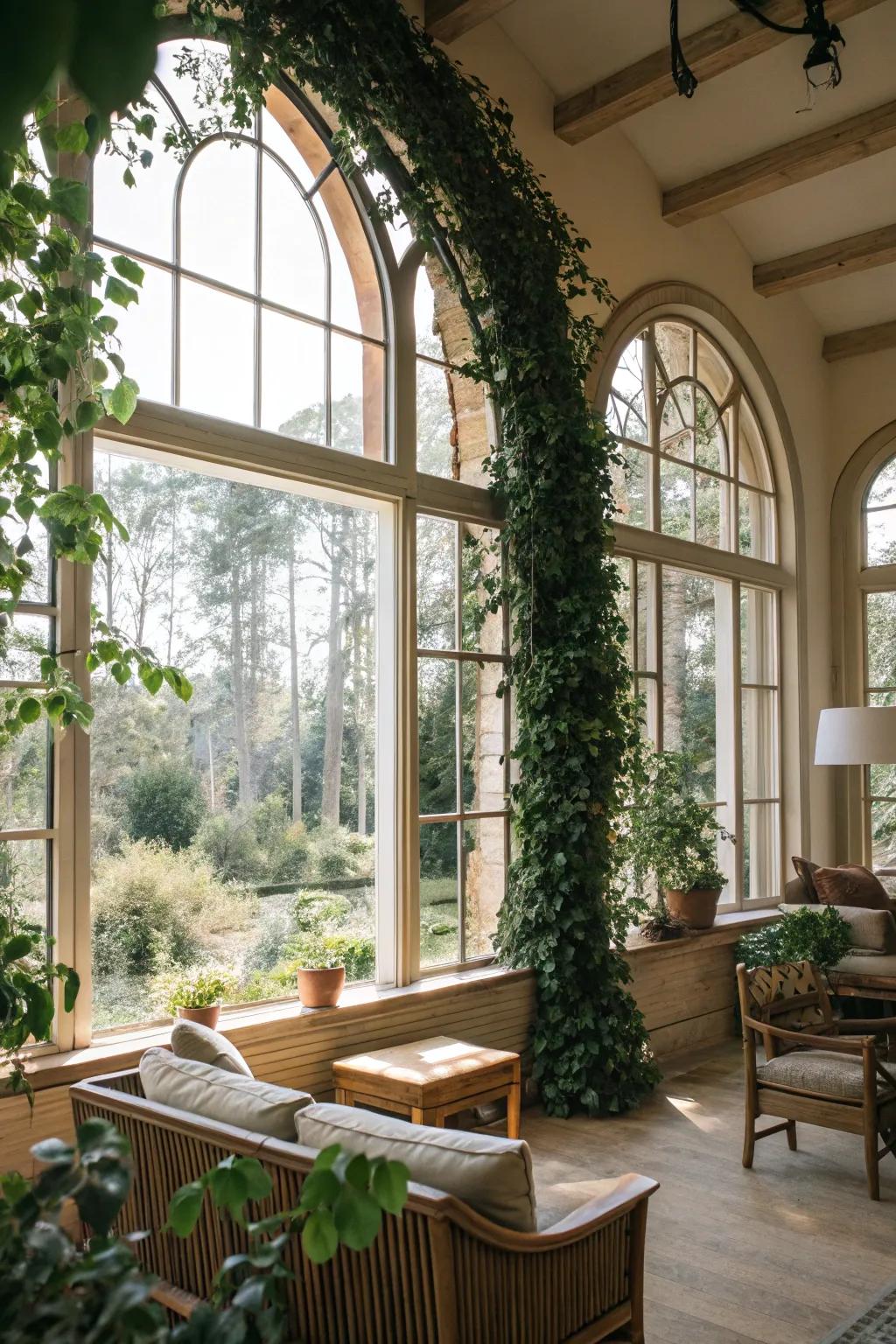 A nature-inspired living sector showcases climbers spiraling on arched windows.