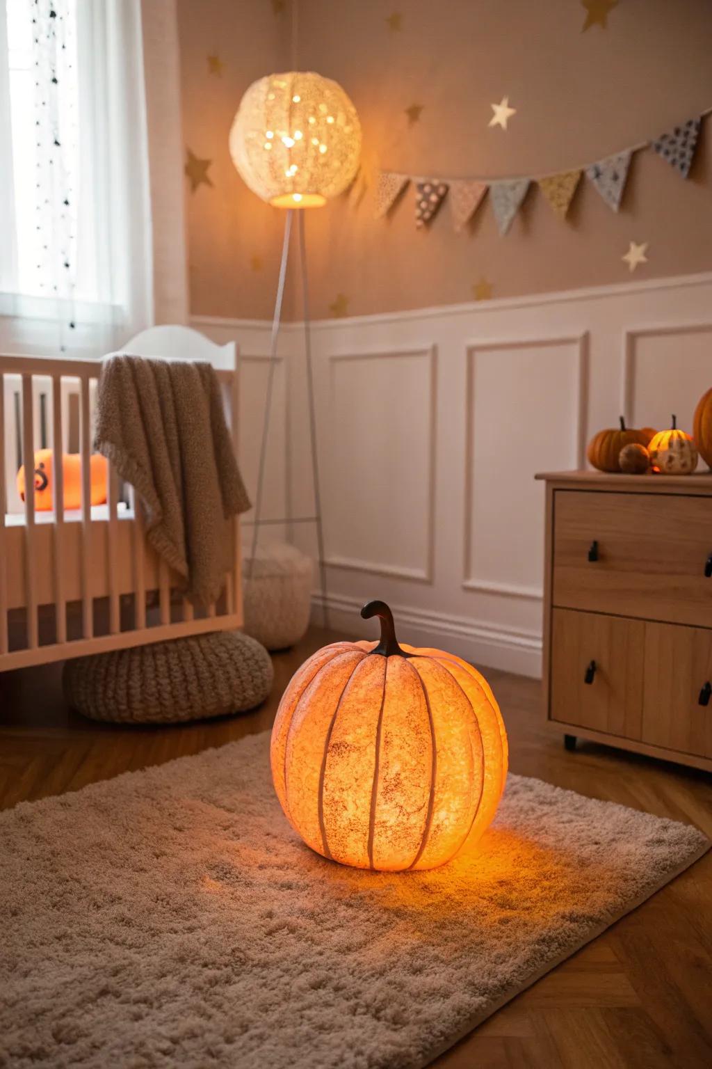 A pumpkin nightlight casts a gentle, soothing glow.