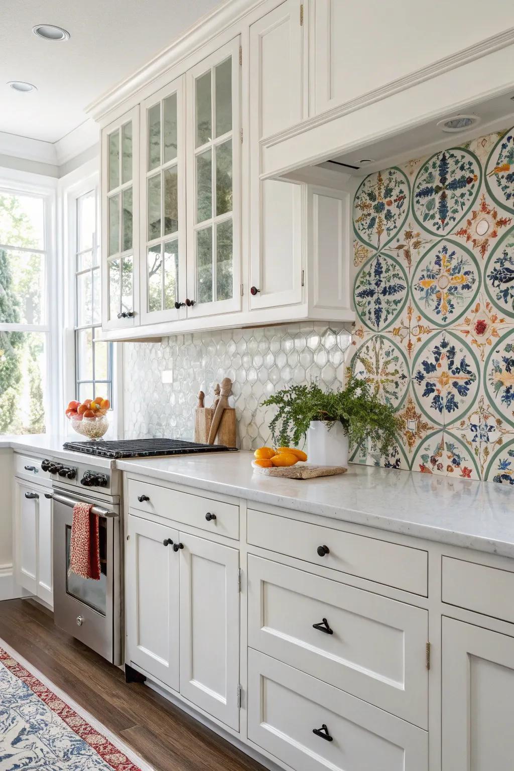 Hand-painted panels establish a distinctive artisan embellishment in this white kitchen.