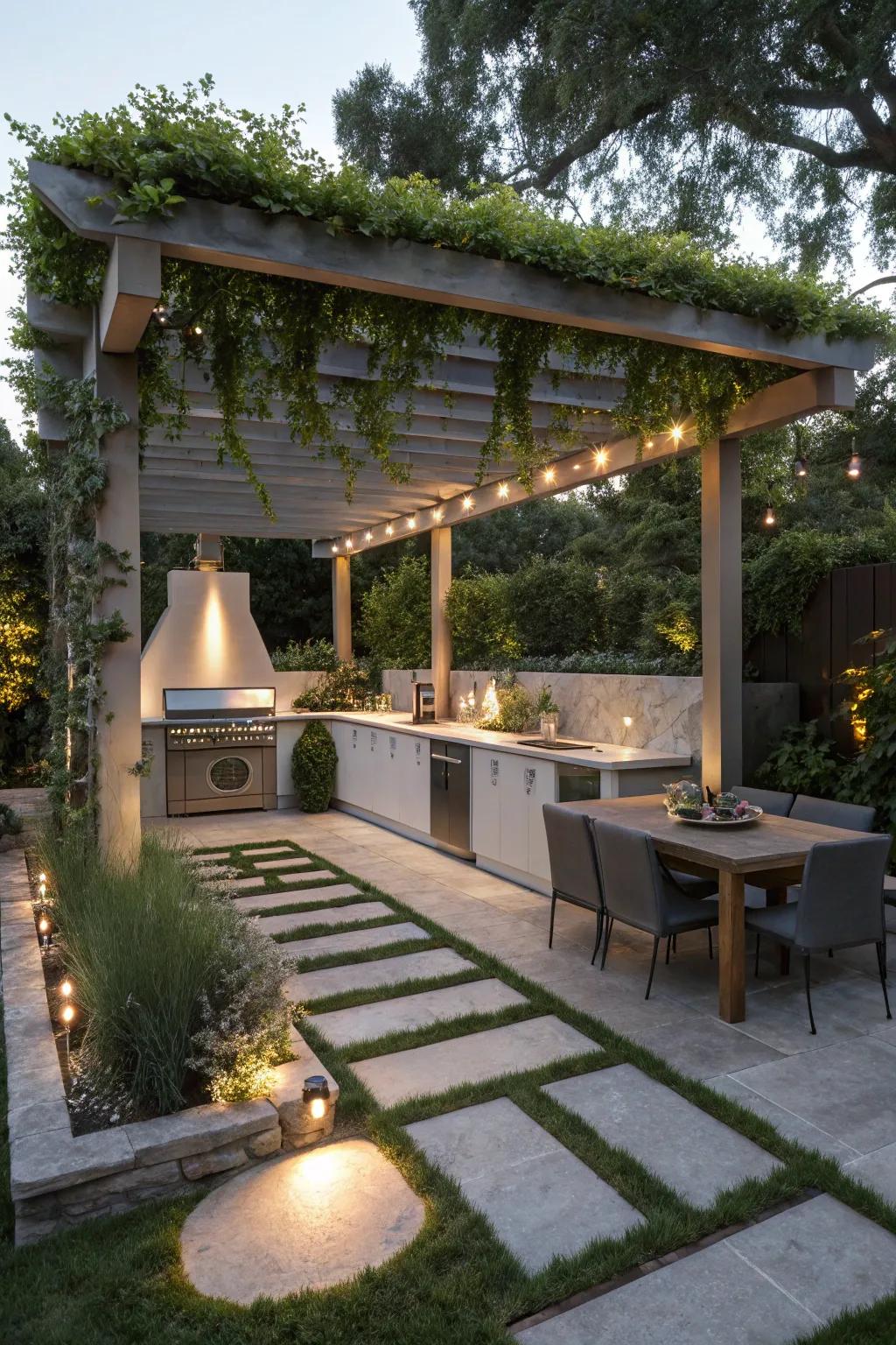 A Zen garden pergola creates a calm and peaceful outdoor kitchen.