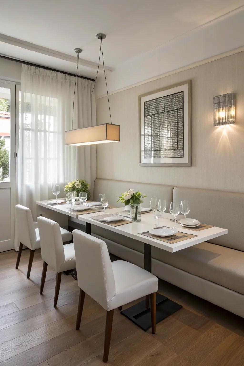 A simple dining room featuring sleek banquette seating with clean lines.