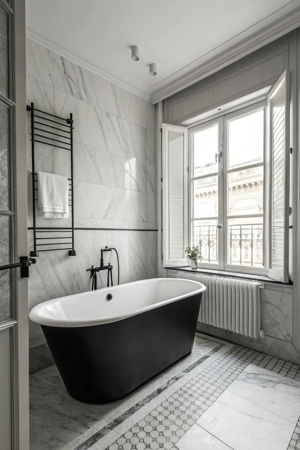 A monochrome scheme crafts contemporary elegance in the bathtub area.