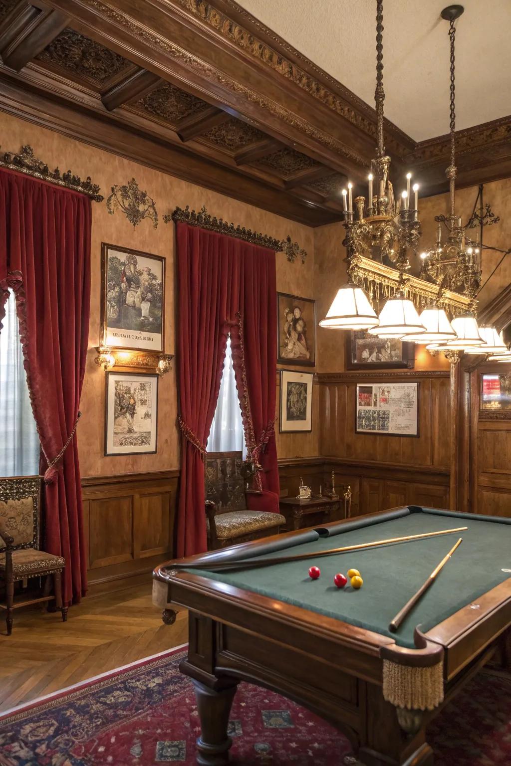 Vintage touches adding personality to a billiard room.