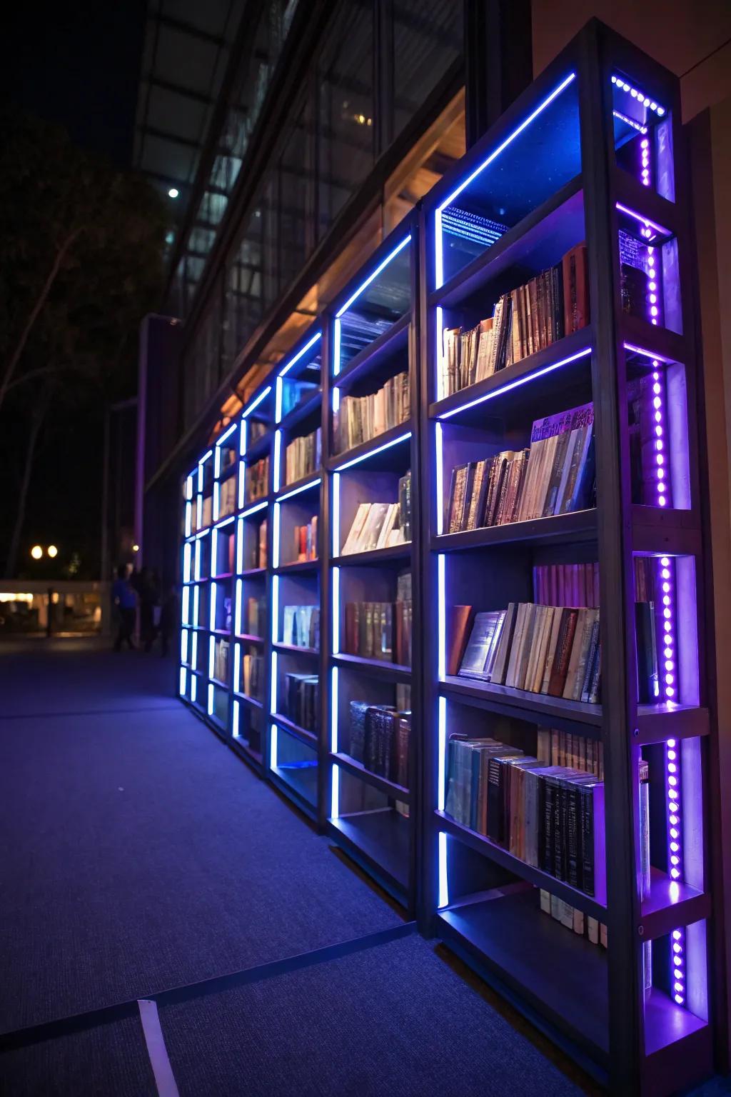 Illuminated bookshelves showcase your collection with a warm glow.