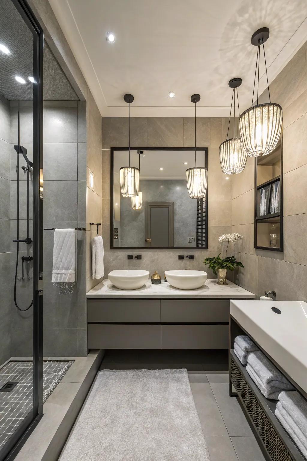 Modern lighting fixtures enhance the elegance of this bathroom.