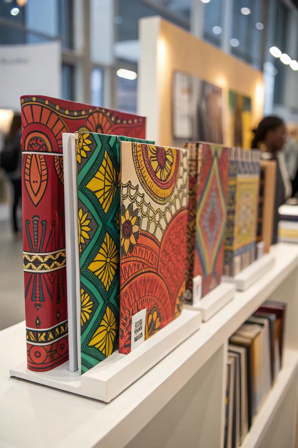 Abstract art on tome coverings gives a daring design statement.