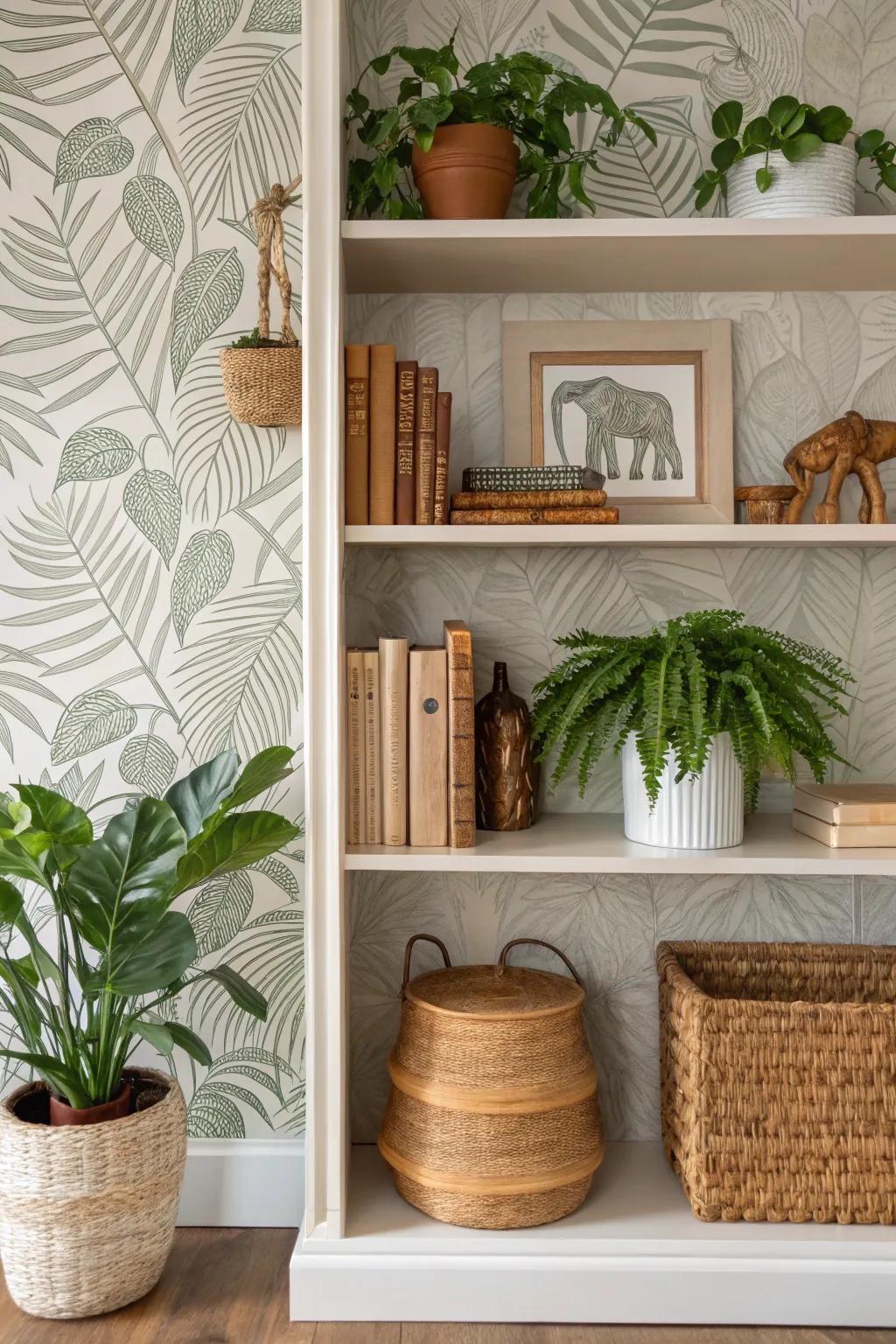A bookshelf featuring leaf texture wallpaper, exuding a tranquil, earthy vibe.