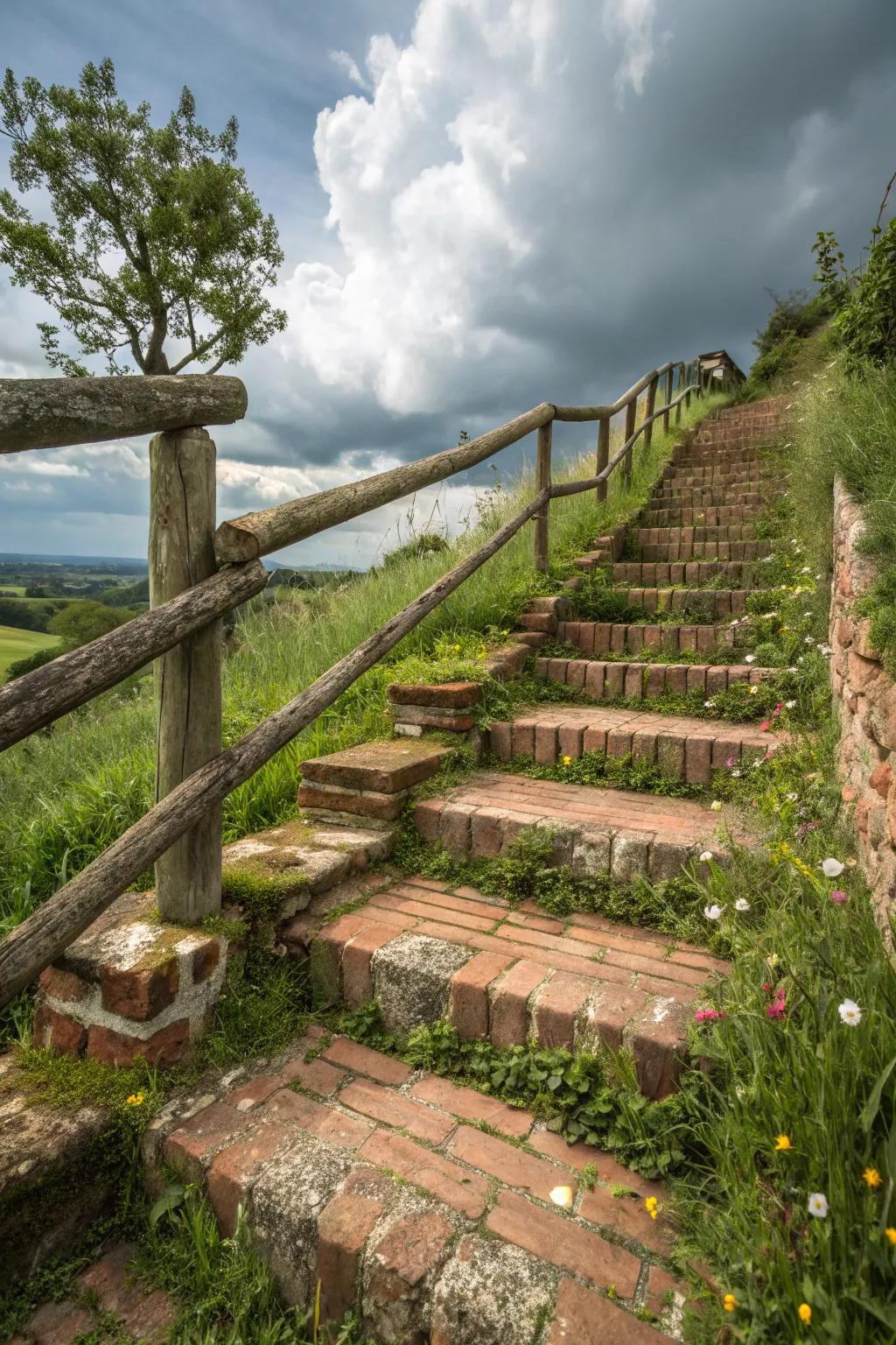 Rustic brick steps with wood railings creating a cozy feel.