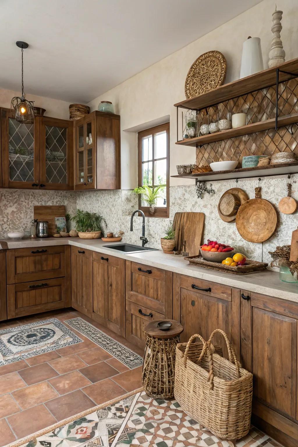 Mixed brown tones usher in an eclectic, cohesive vibe to the kitchen.