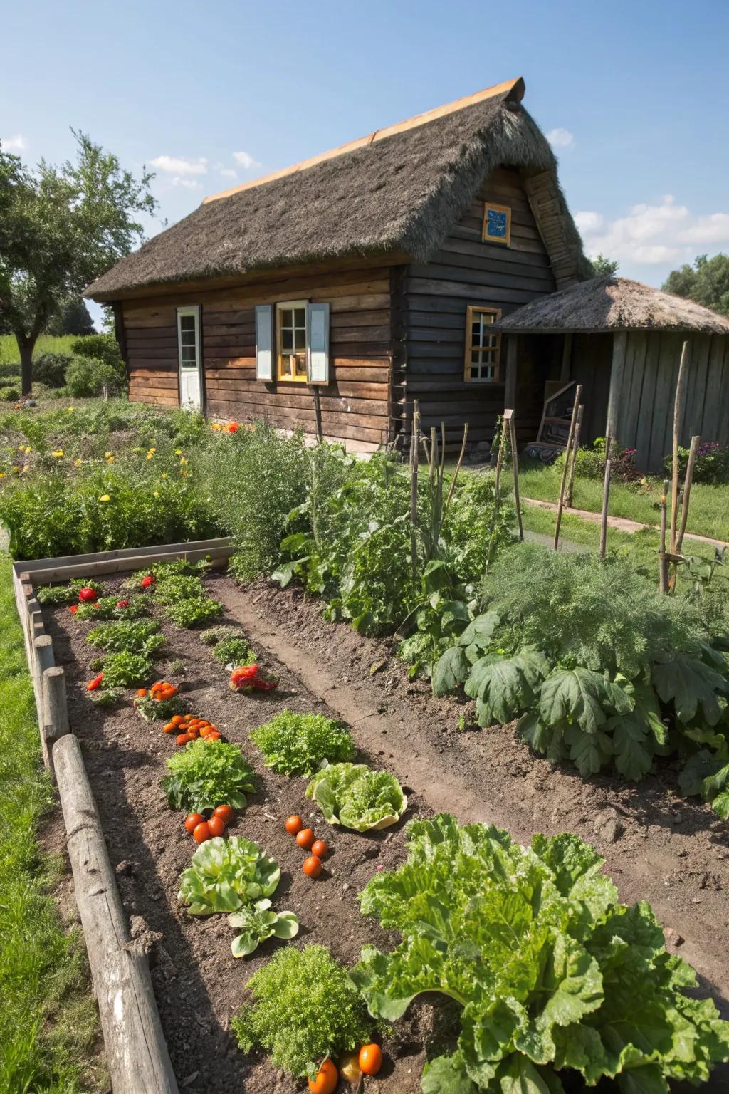 A vegetable plot furnishes fresh harvest and gardening delight.