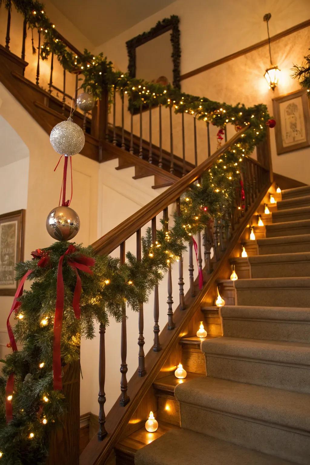 A festive stairwell fashioning a grand entrance.