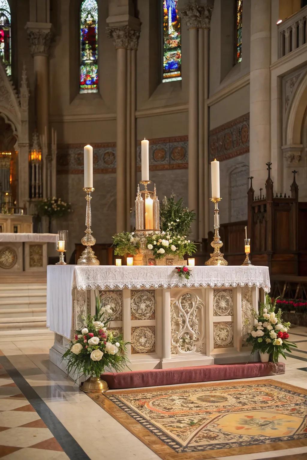 An altar featuring customizable décor elements, allowing for versatile arrangements.