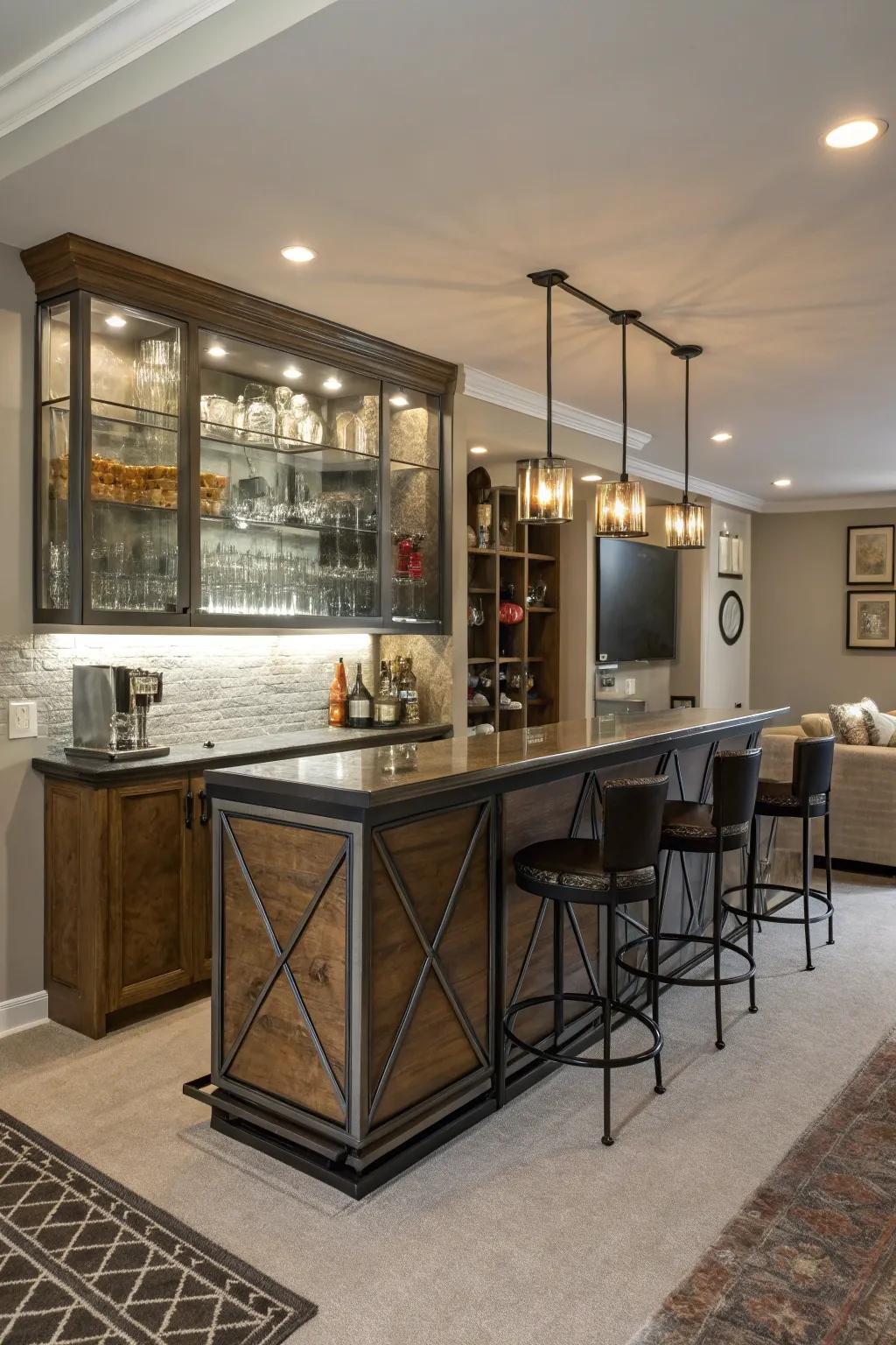 A vibrant bar design with a blend of finishes like metal and wood.