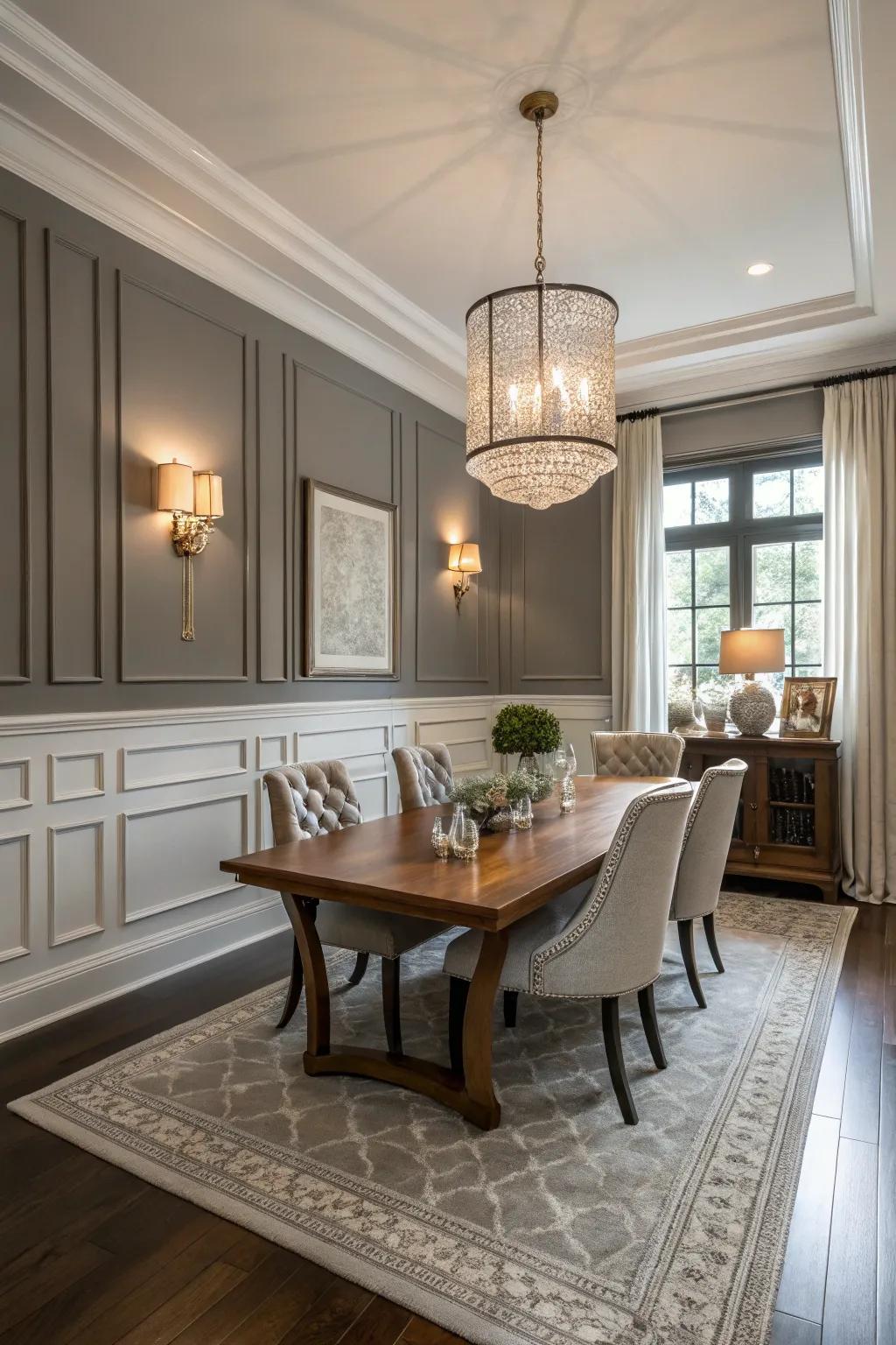 Monochrome wainscoting crafts a seamless and spacious feel within the dining space.