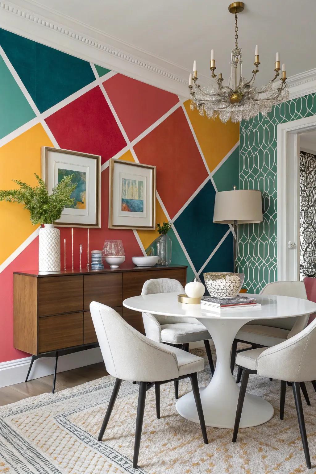Vibrant color blocks produce a striking aesthetic impact in this modern-day dining space.