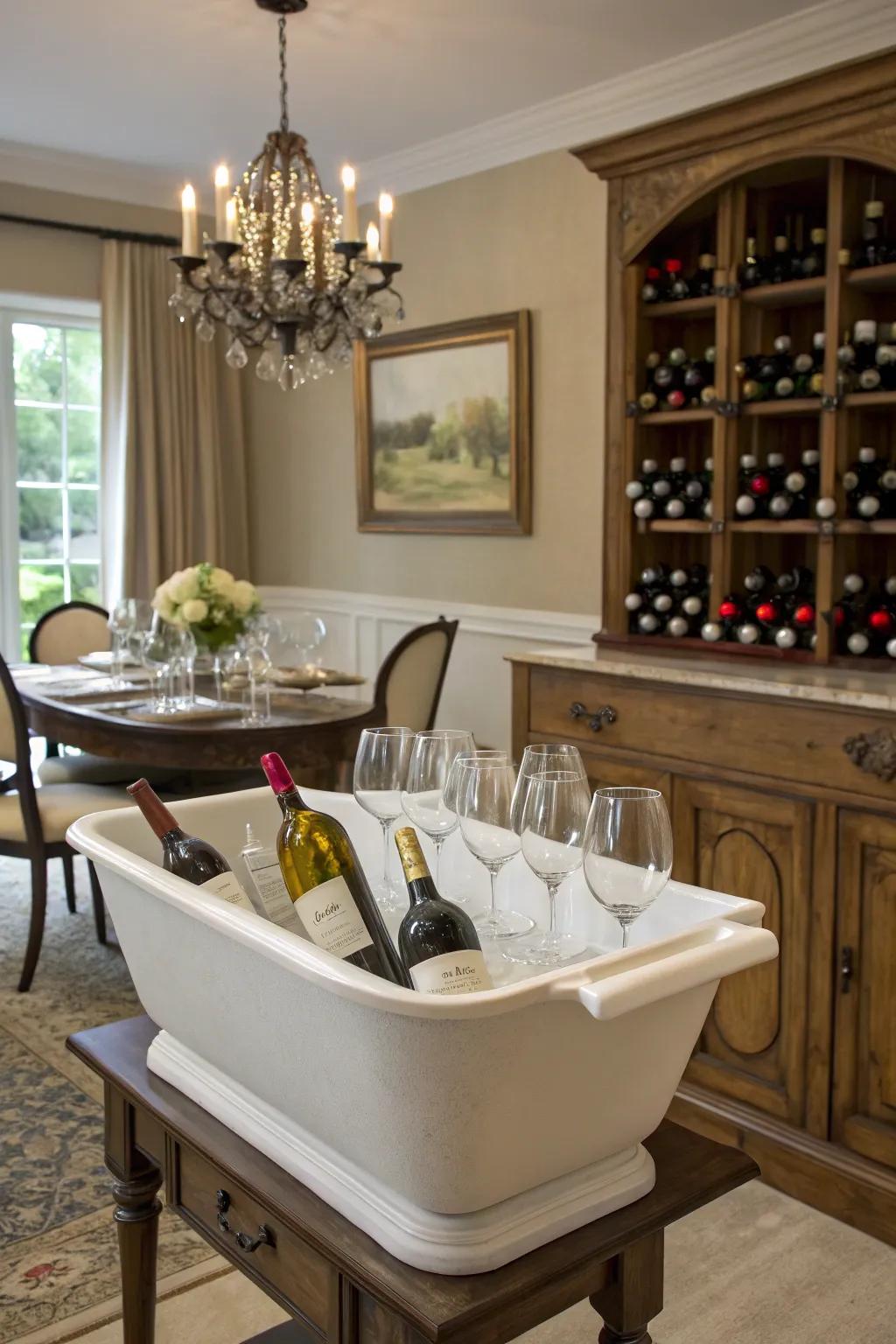 A sophisticated alcohol display created from an antique cabinet sink.
