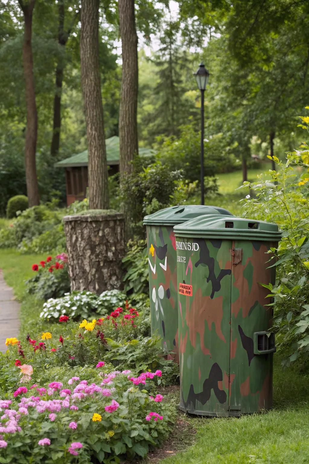 Camouflage paint helps trash bins blend seamlessly into their surroundings.
