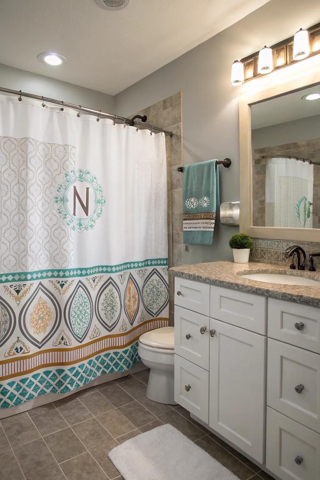 A personalized lavatory featuring a custom shower drape with initials.