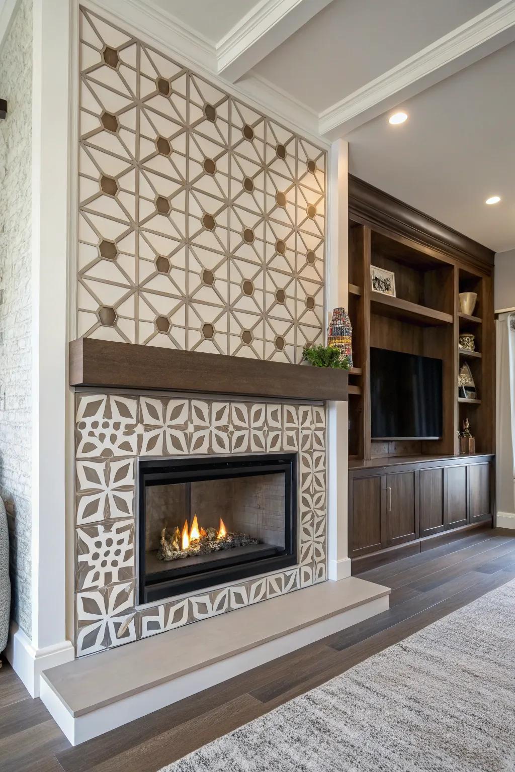 Geometric figures add a modern twist to this fireplace.