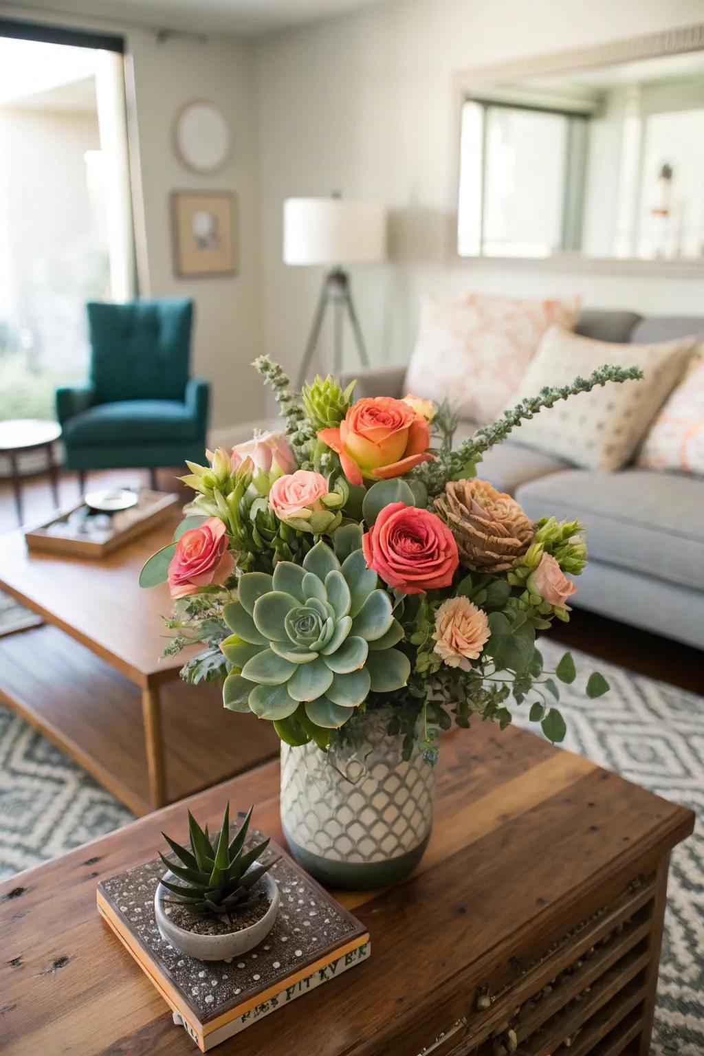 An unexpected arrangement of fleshy plants and roses contributing a contemporary element to a living space.