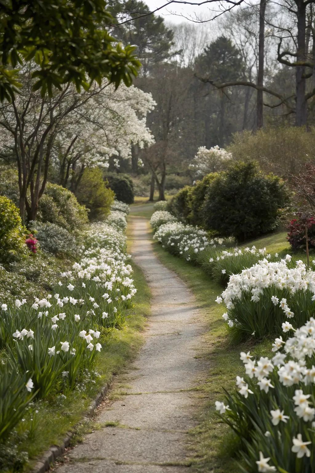 An ivory bloom pathway fashioning a fairy-tale garden entrance.