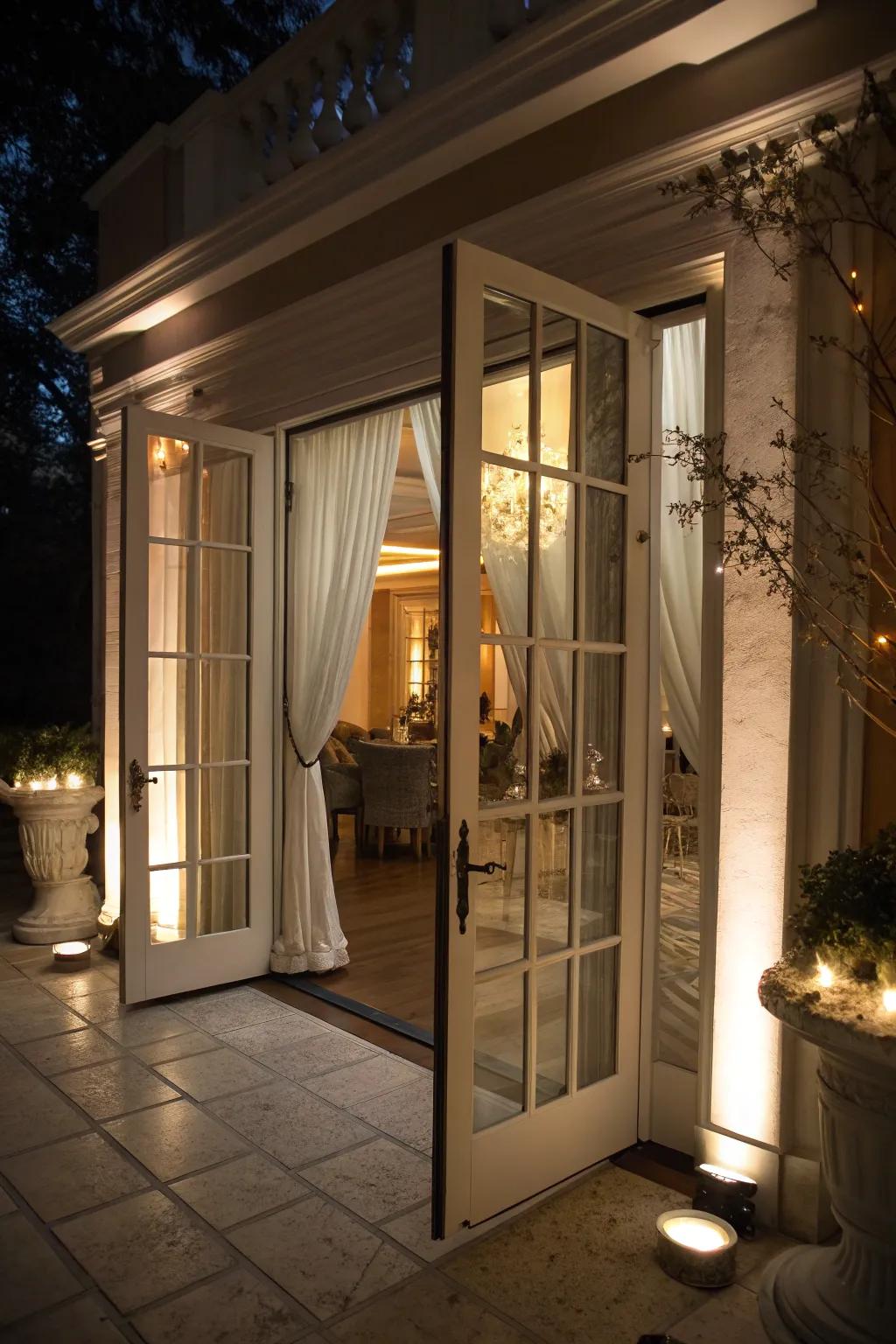 Spot lighting highlights French doors beautifully.