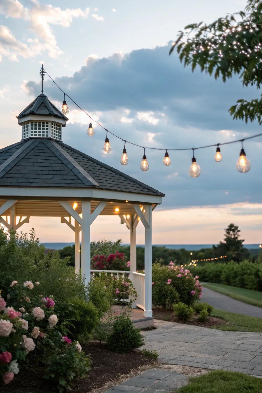 Minimalist hanging lights emphasize the natural beauty surrounding your gazebo.