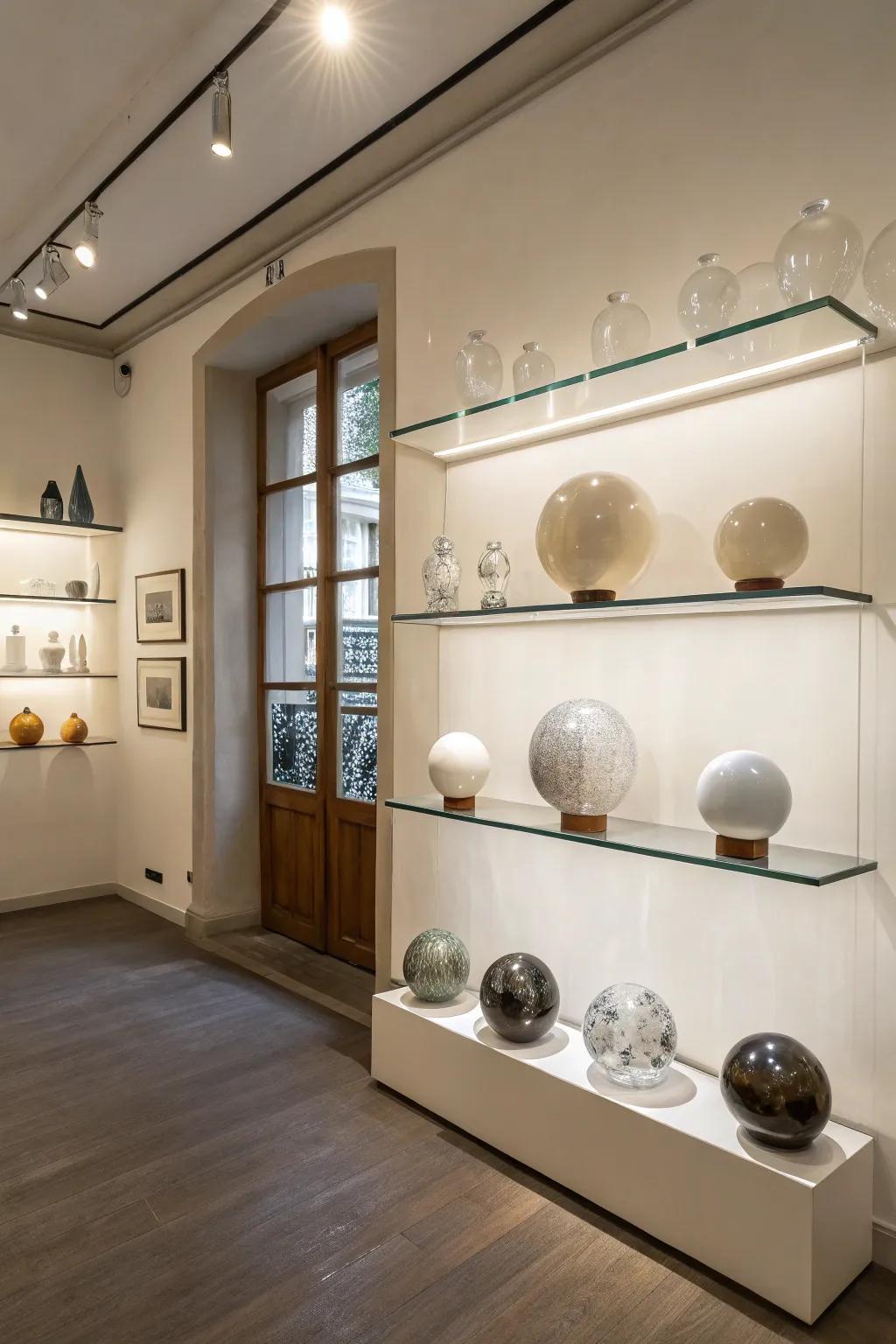 Highlight glass glamour via wall-attached shelf exhibits.