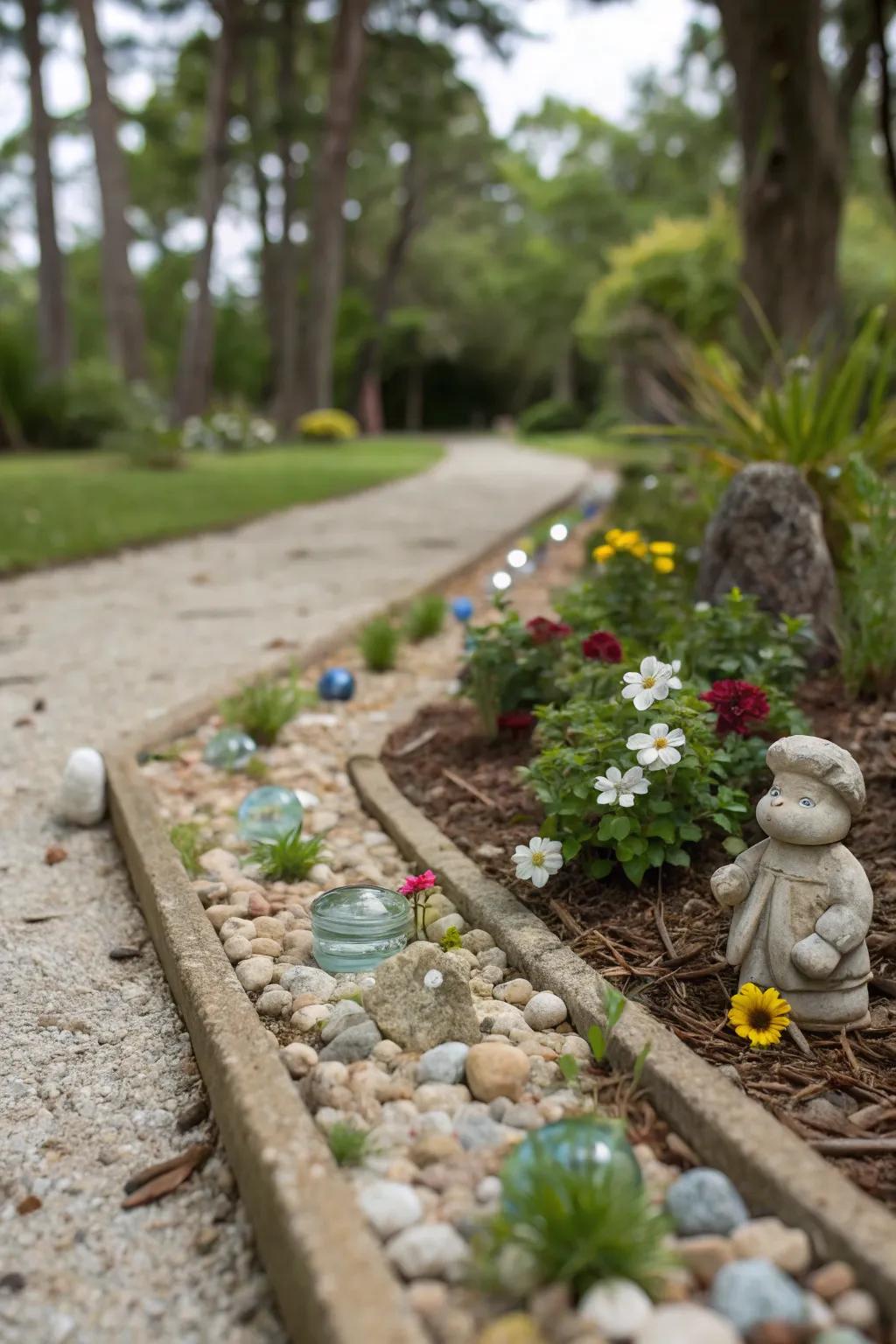A playful stone garden featuring whimsical components