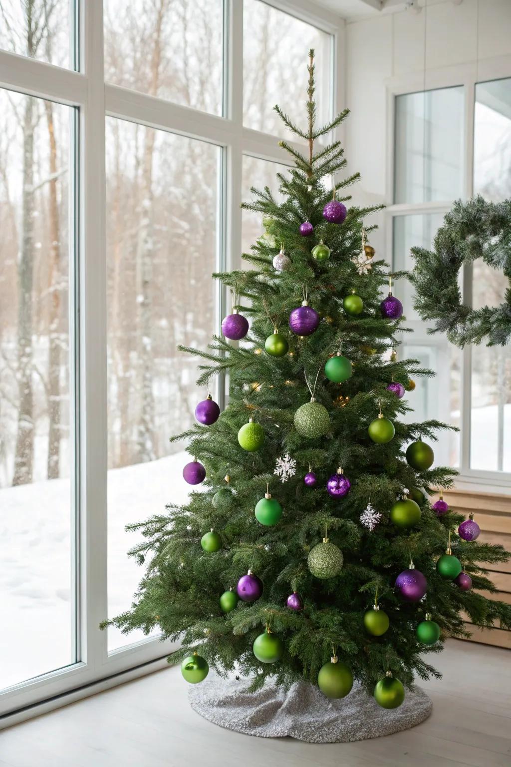 Fresh and surprising with green and lavender ornaments.