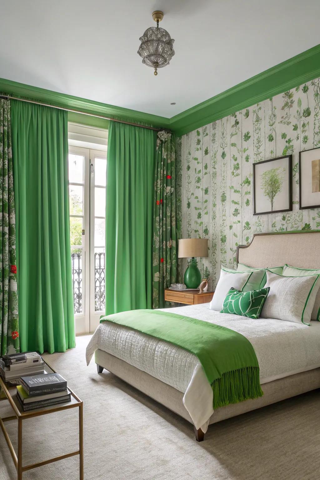 A unique bedroom with unexpected green features creating a wow effect.