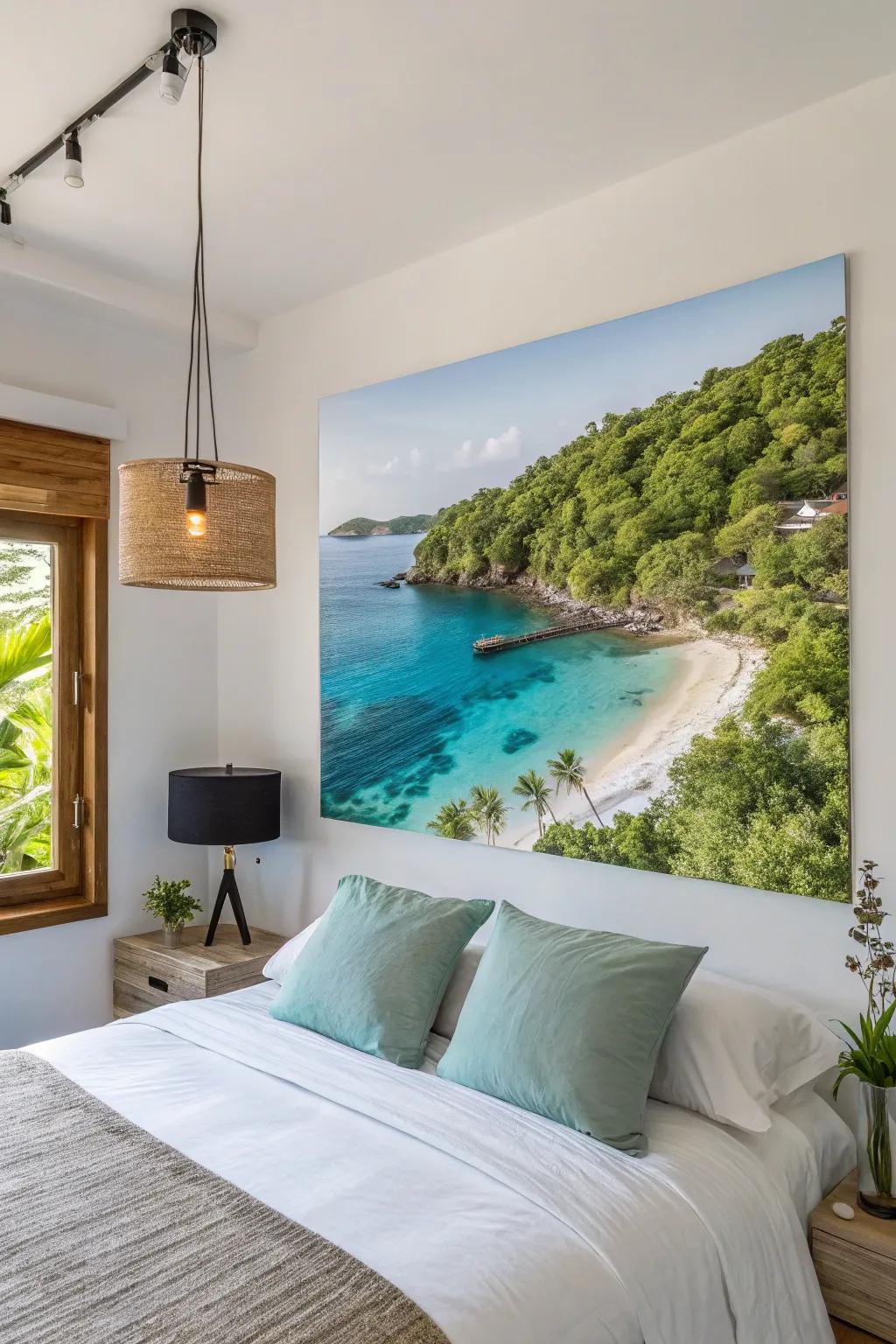A tranquil isle hideaway wall decor piece introducing serenity to a bedroom.