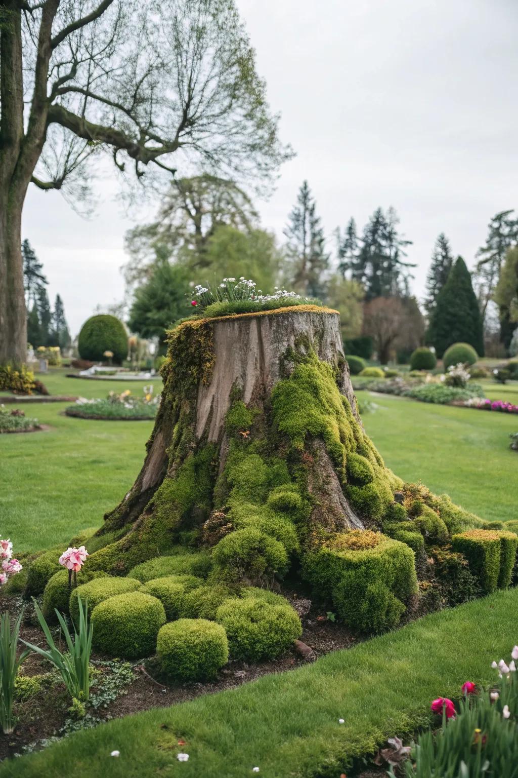 A moss-wrapped tree base sculpture delivers mystery to the garden.