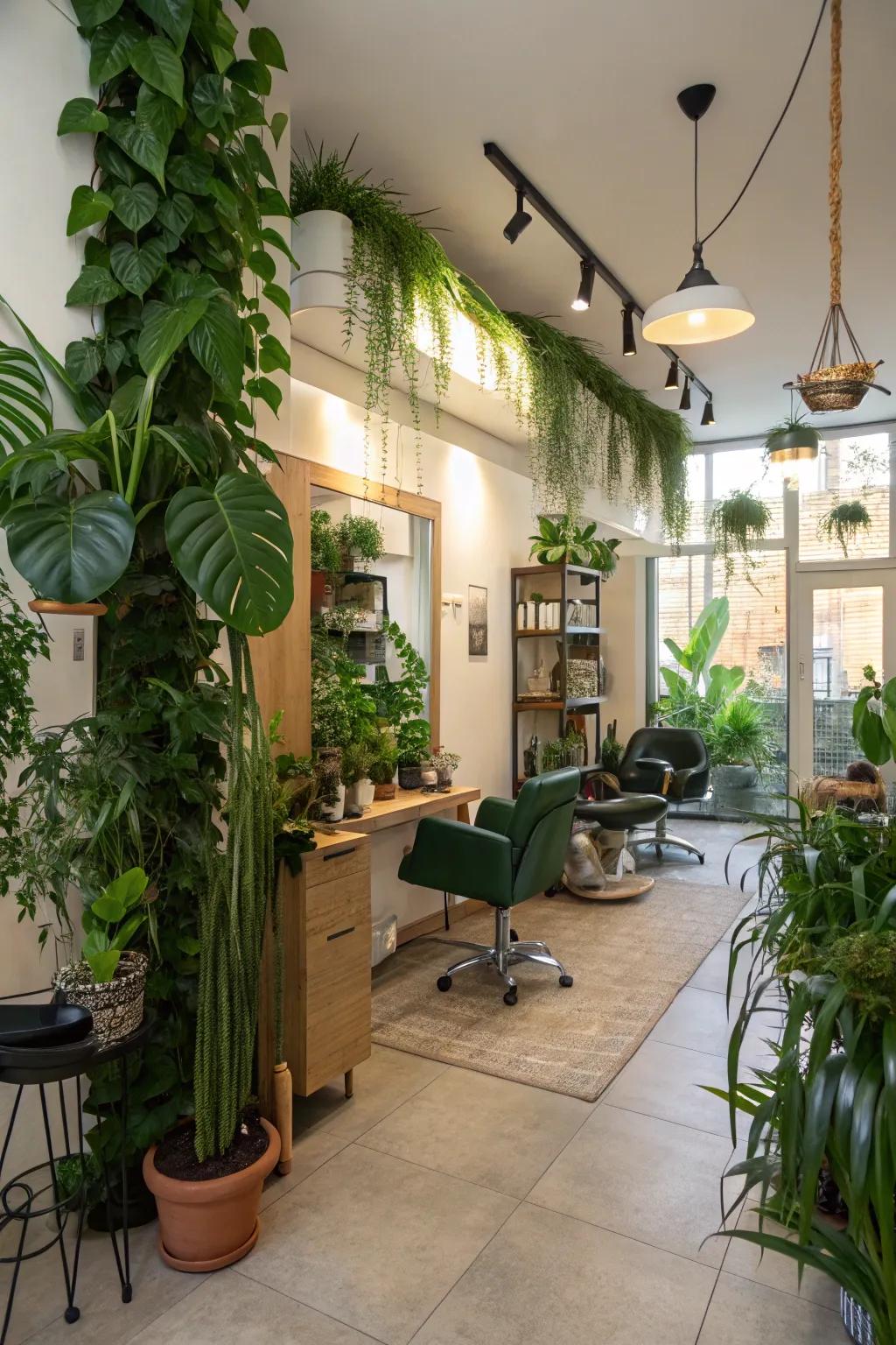 Adding greenery brings freshness and vibrancy to any salon.