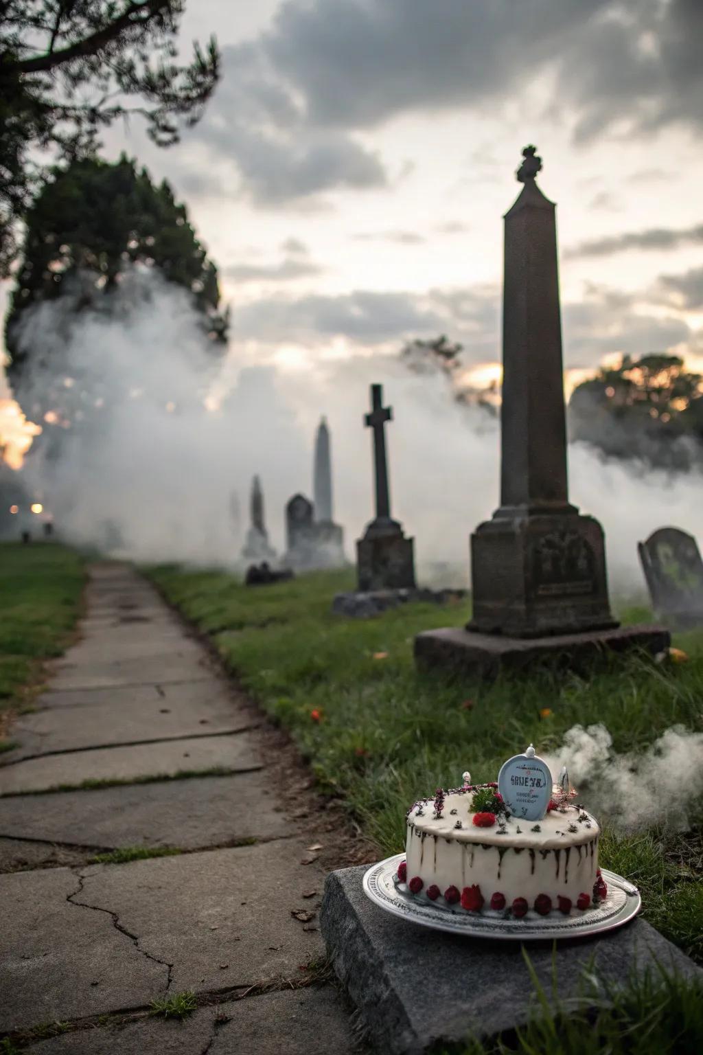 A hazy burial site cake that is eerily atmospheric.