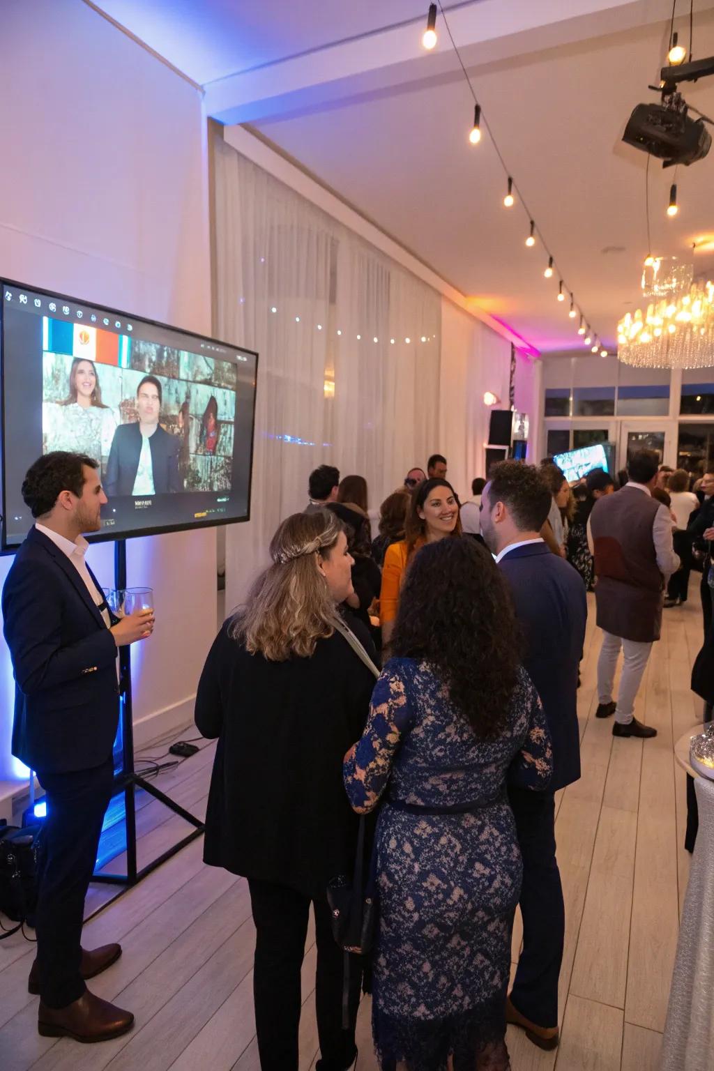 A modern indoor party featuring digital guest arrival.
