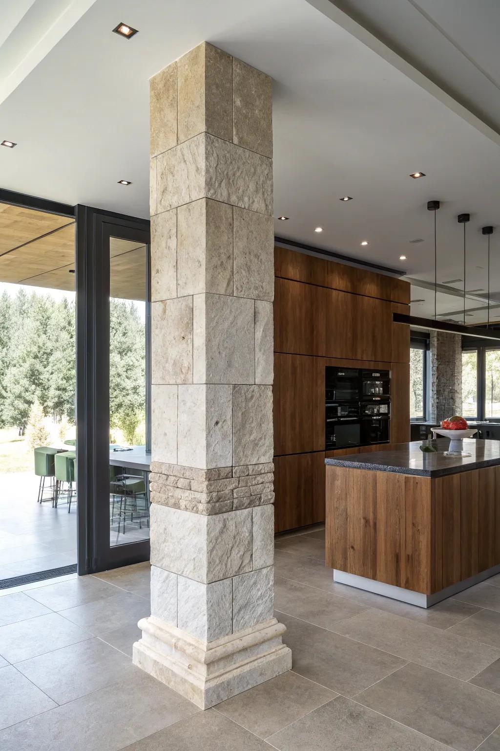 Integrated elements add texture to columns.