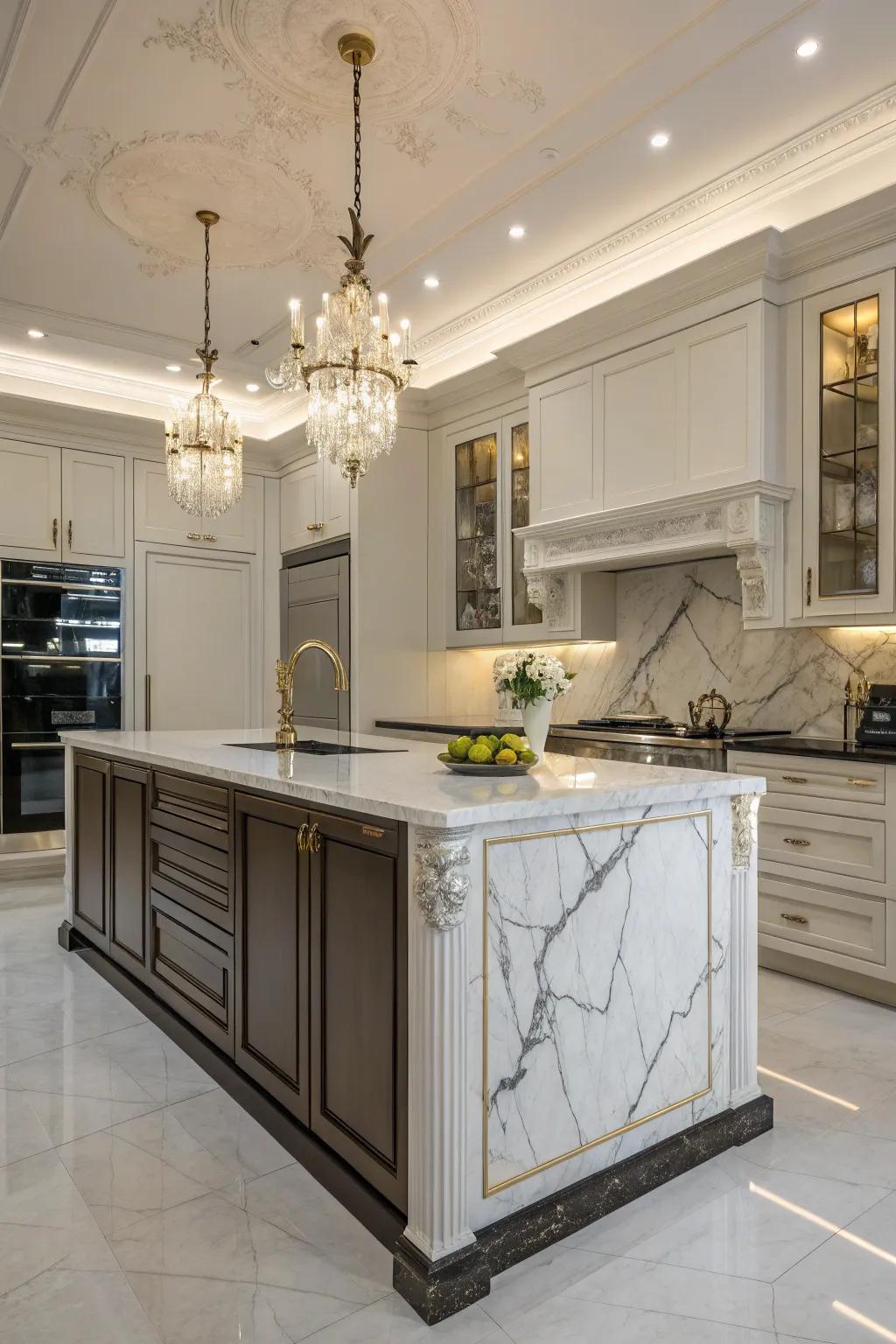 Luxurious island enhanced with polished stone details for a touch of elegance.