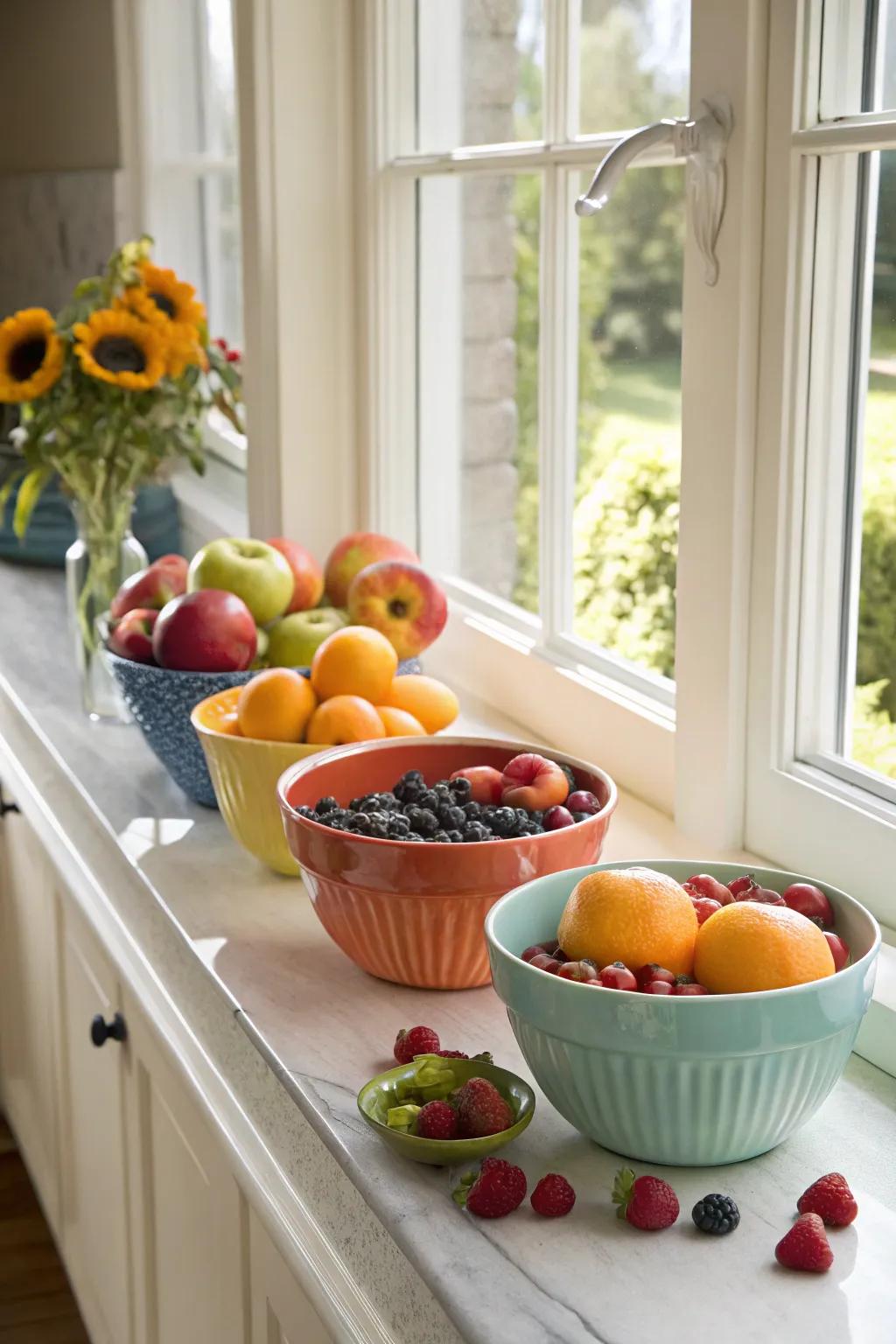 Fruit bowls contribute an outpouring of tint and vitality.