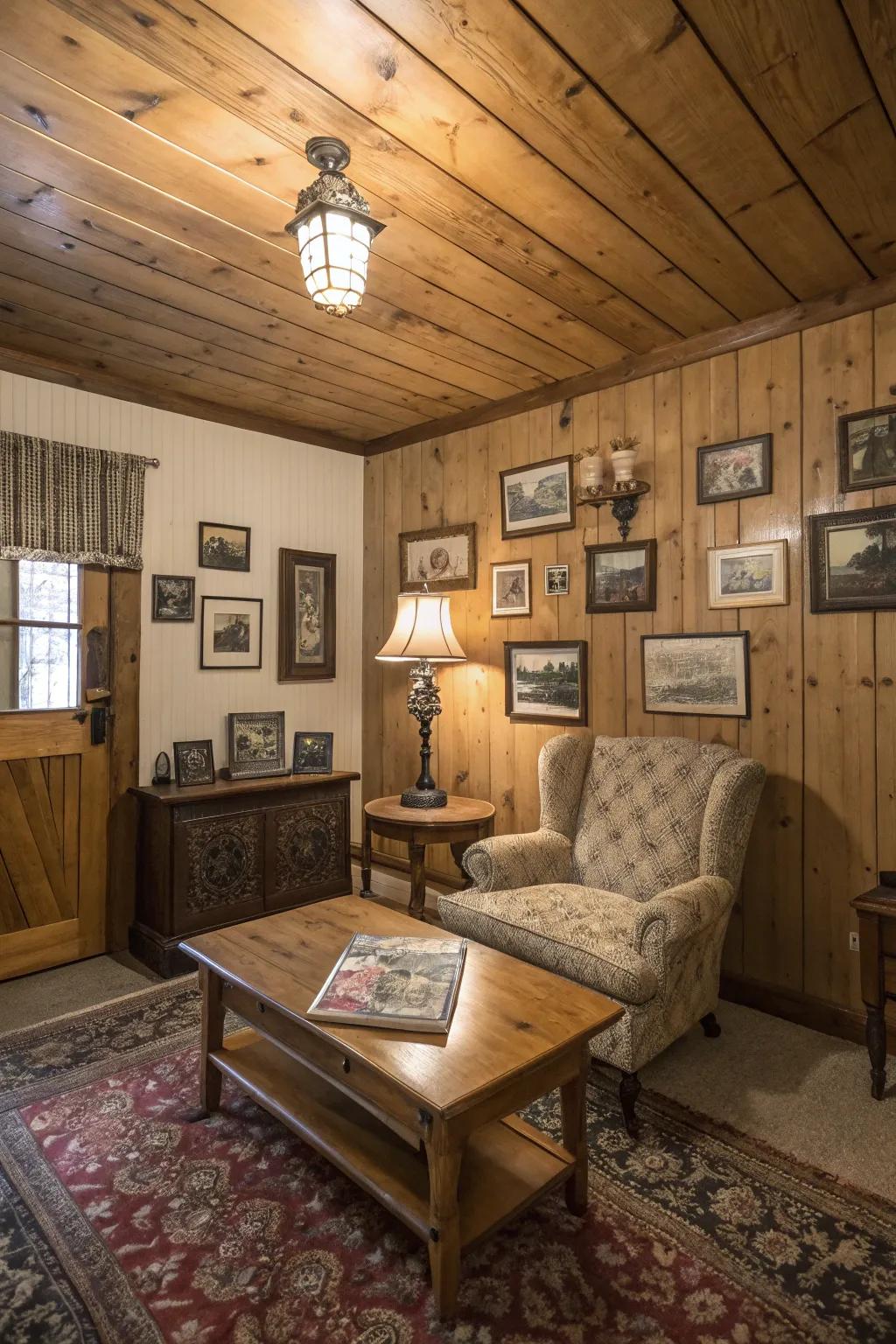 A vintage-style room where wood-clad ceilings complement antique decor.