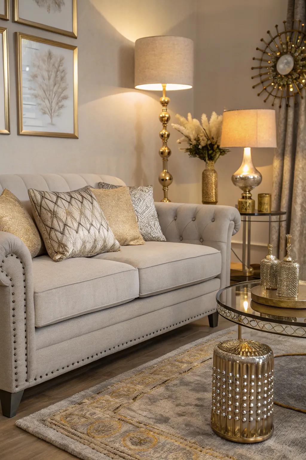 Metal elements come together so you may bring an elegant expression while using a light grey couch.