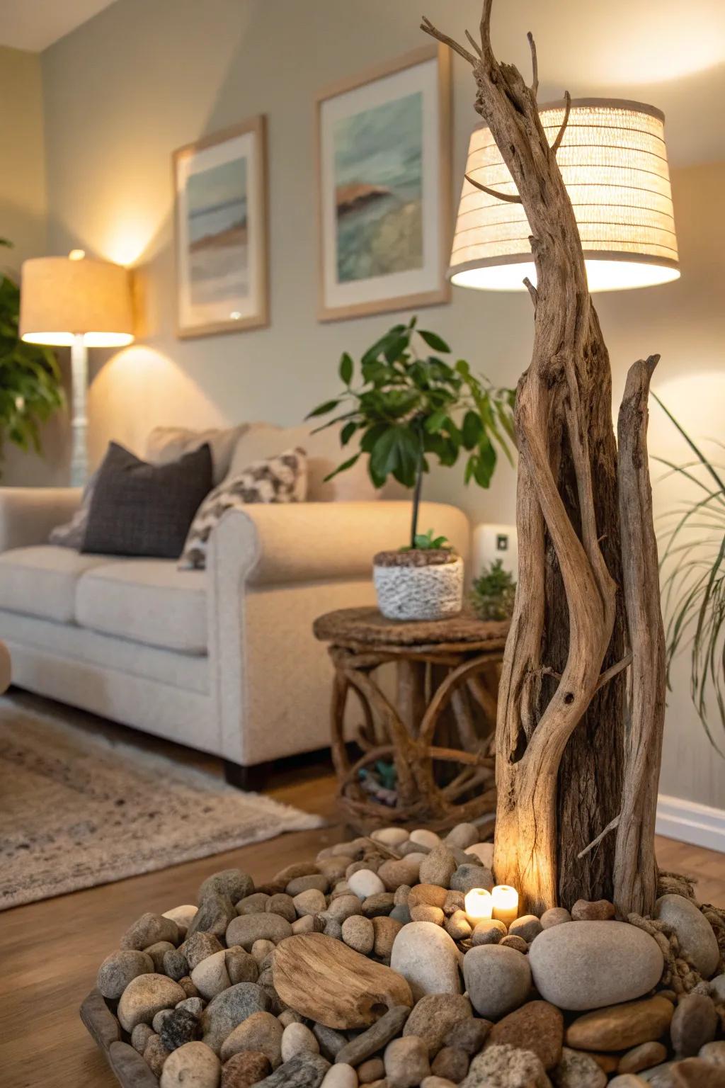 Natural elements like timber pieces can add an earthy touch to a corner.